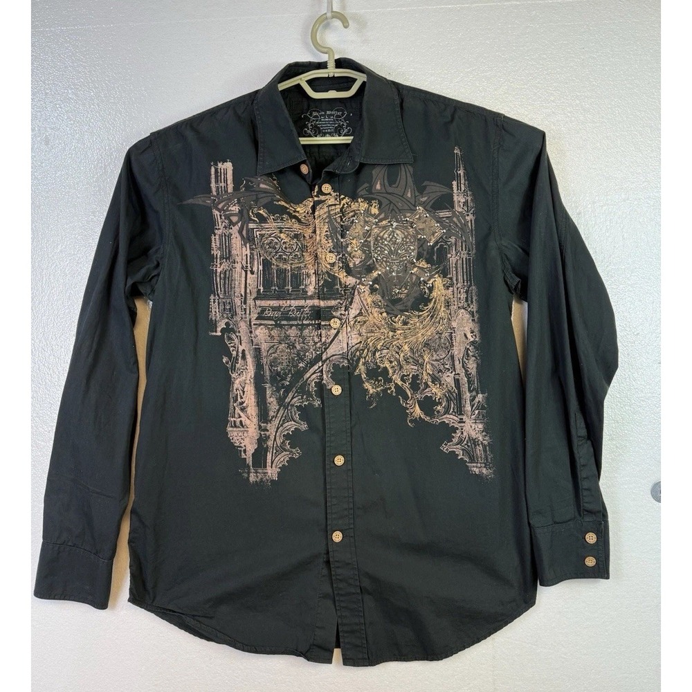 Y2K Brad Butter Graphic Black Button Down Shirt Sz L Grunge Biker Rockabilly Vtg